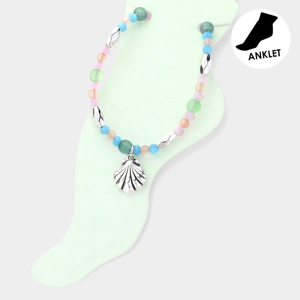 Multi, Silver Antique Metal Shell Charm Beaded Anklet
