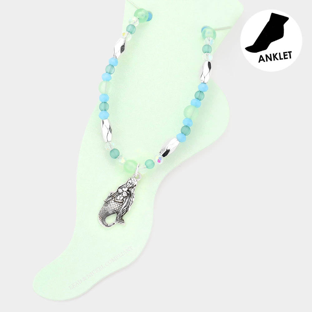 Light Blue Antique Metal Mermaid Charm Beaded Anklet