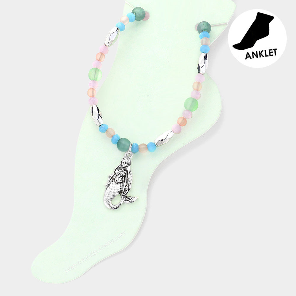Multi, Silver Antique Metal Mermaid Charm Beaded Anklet