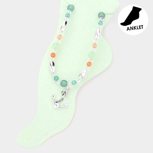 Madeline Love Multi Antique Metal Anchor Charm Beaded Anklet - Anklets