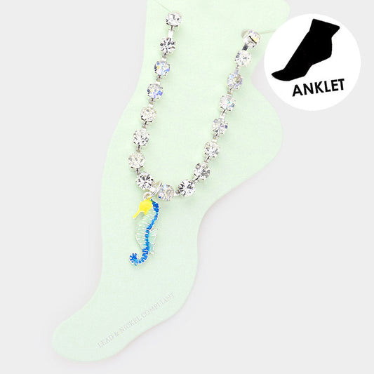 Clear Enamel Seahorse Charm Round Stone Anklet