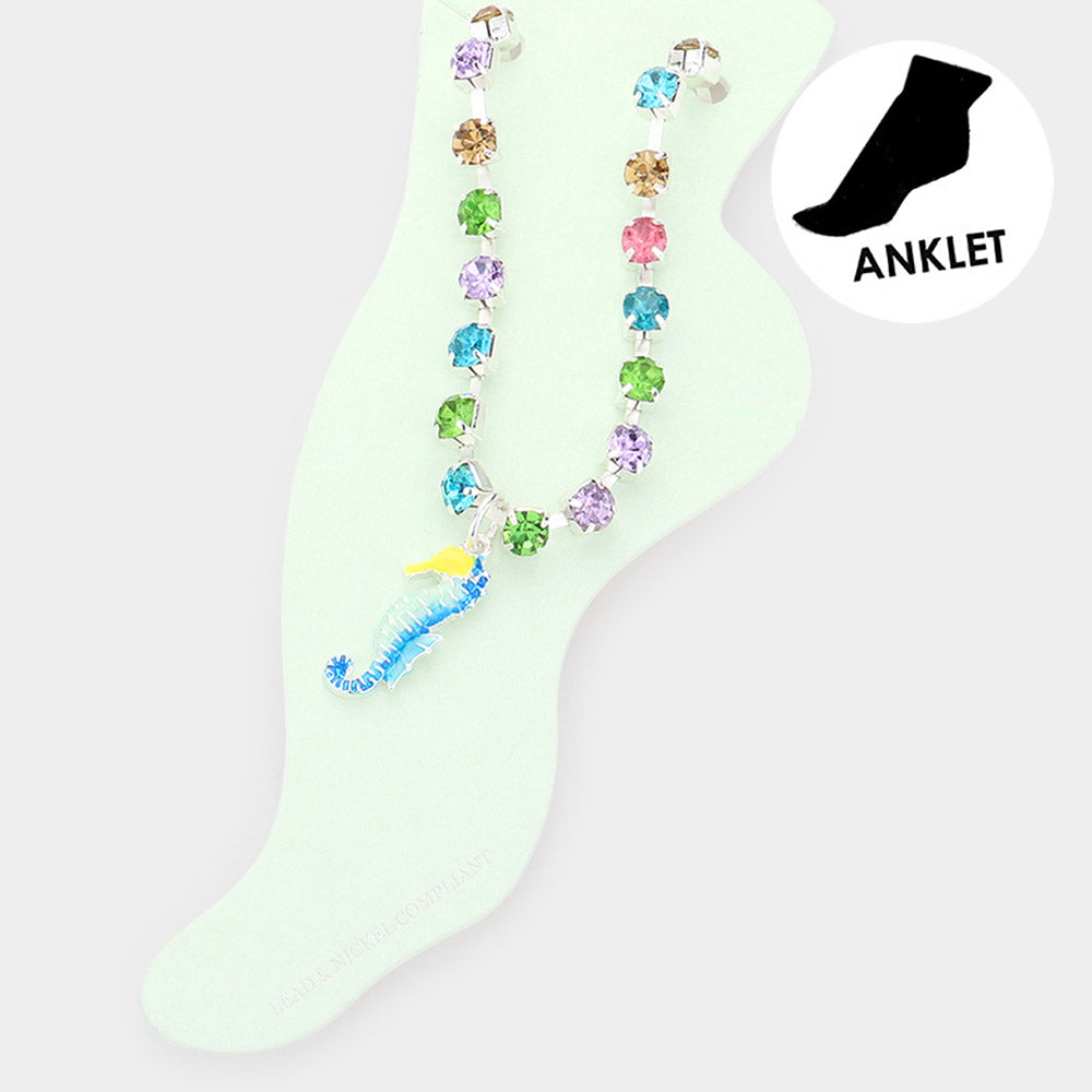 Multi Enamel Seahorse Charm Round Stone Anklet