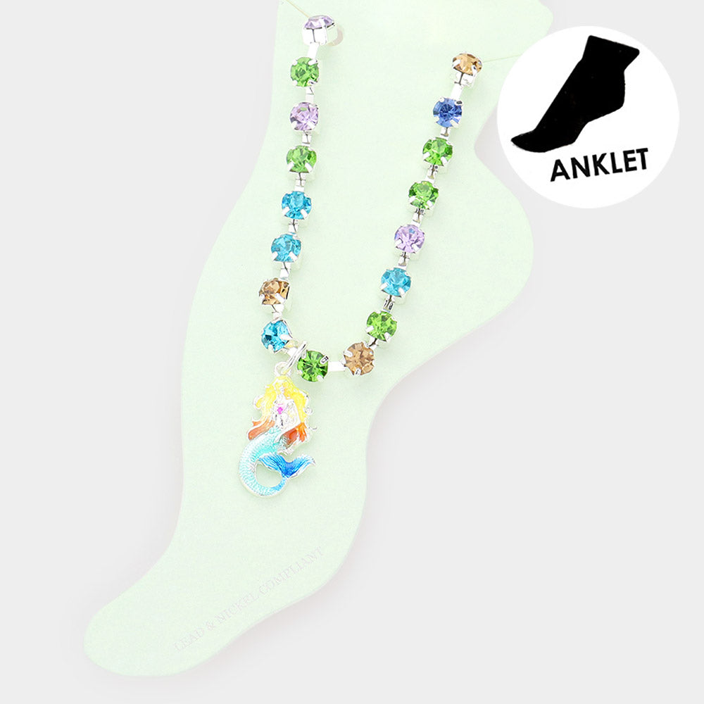 Multi Enamel Mermaid Charm Round Stone Anklet