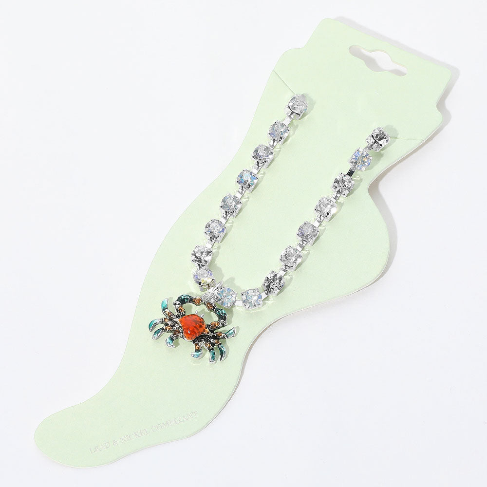 Madeline Love Clear, Silver Enamel Crab Charm Round Stone Anklet - Anklets