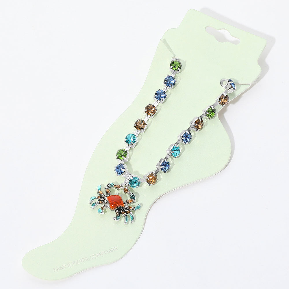 Madeline Love Multi Enamel Crab Charm Round Stone Anklet - Anklets