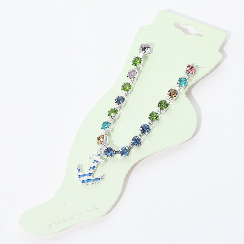 Madeline Love Multi Enamel Anchor Charm Round Stone Anklet - Anklets