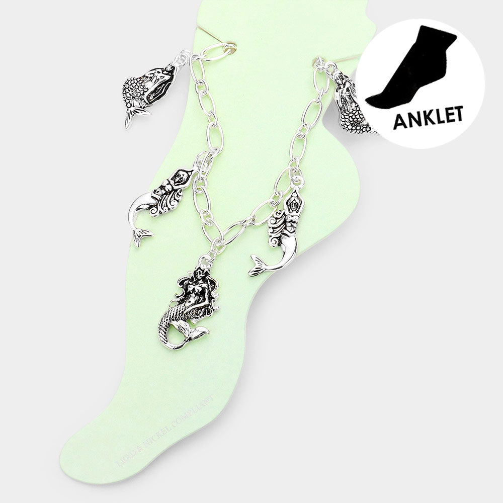 Madeline Love Antique Silver Antique Metal Mermaid Charm Station Anklet - Anklets