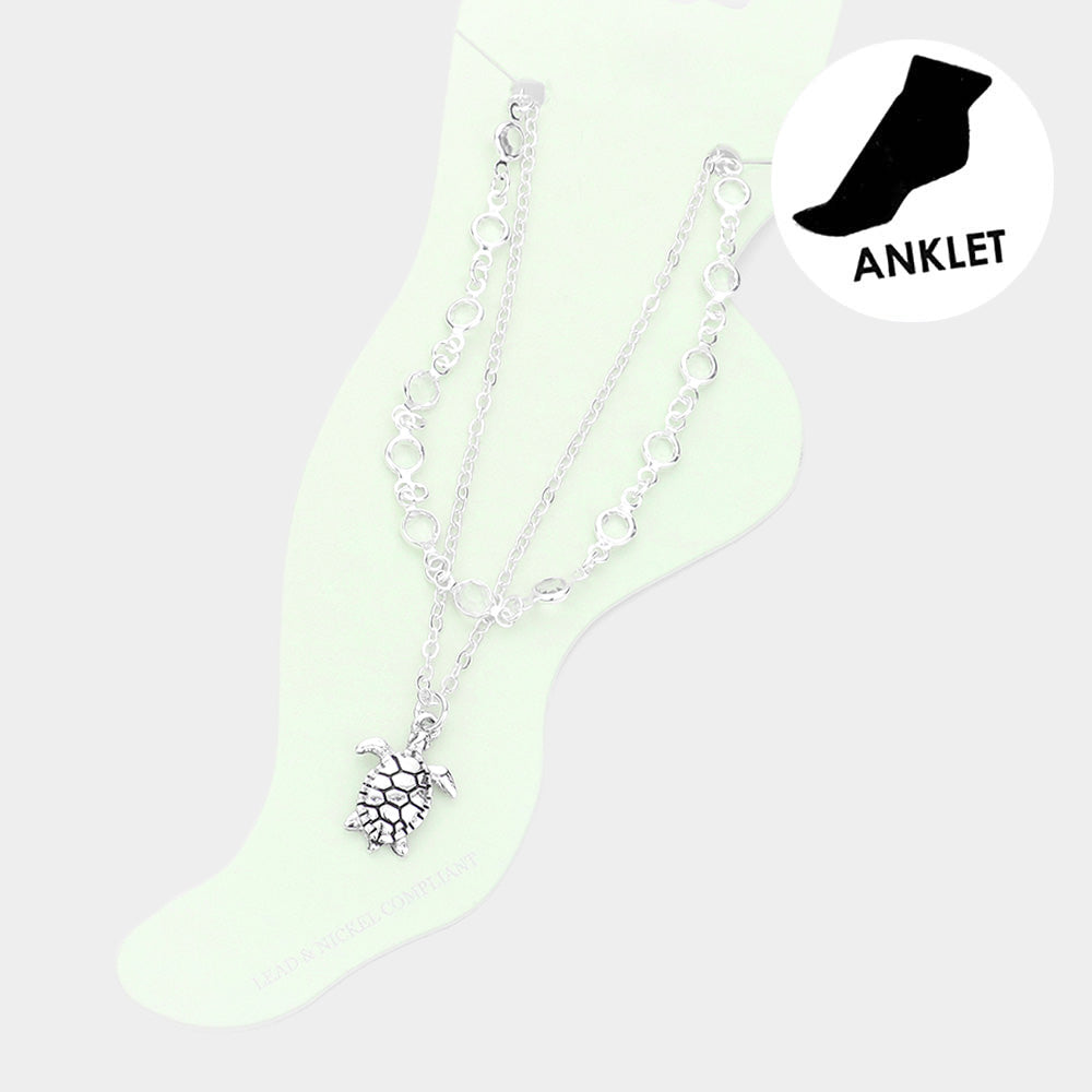 Madeline Love Clear Metal Turtle Charm Round Bead Link Double Layered Anklet - Anklets