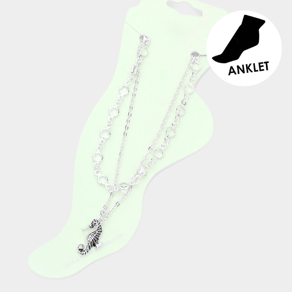 Madeline Love Clear Metal Seahorse Charm Round Bead Link Double Layered Anklet - Anklets