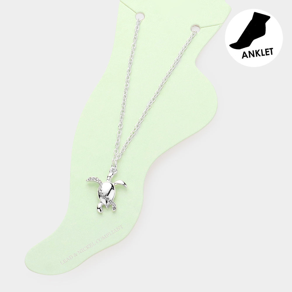 Madeline Love Silver Rhinestone Embellished Metal Turtle Charm Anklet - Anklets