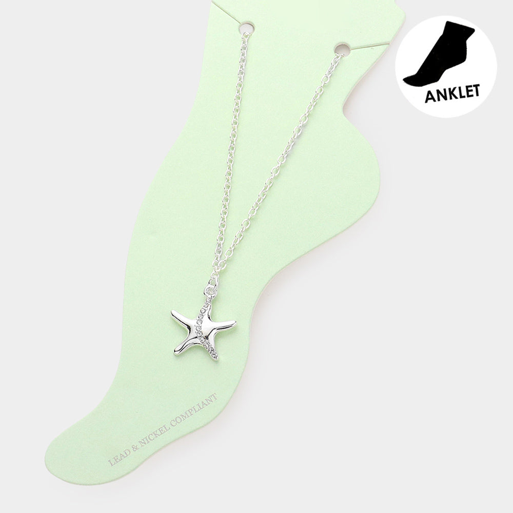 Madeline Love Silver Rhinestone Embellished Metal Starfish Charm Anklet - Anklets