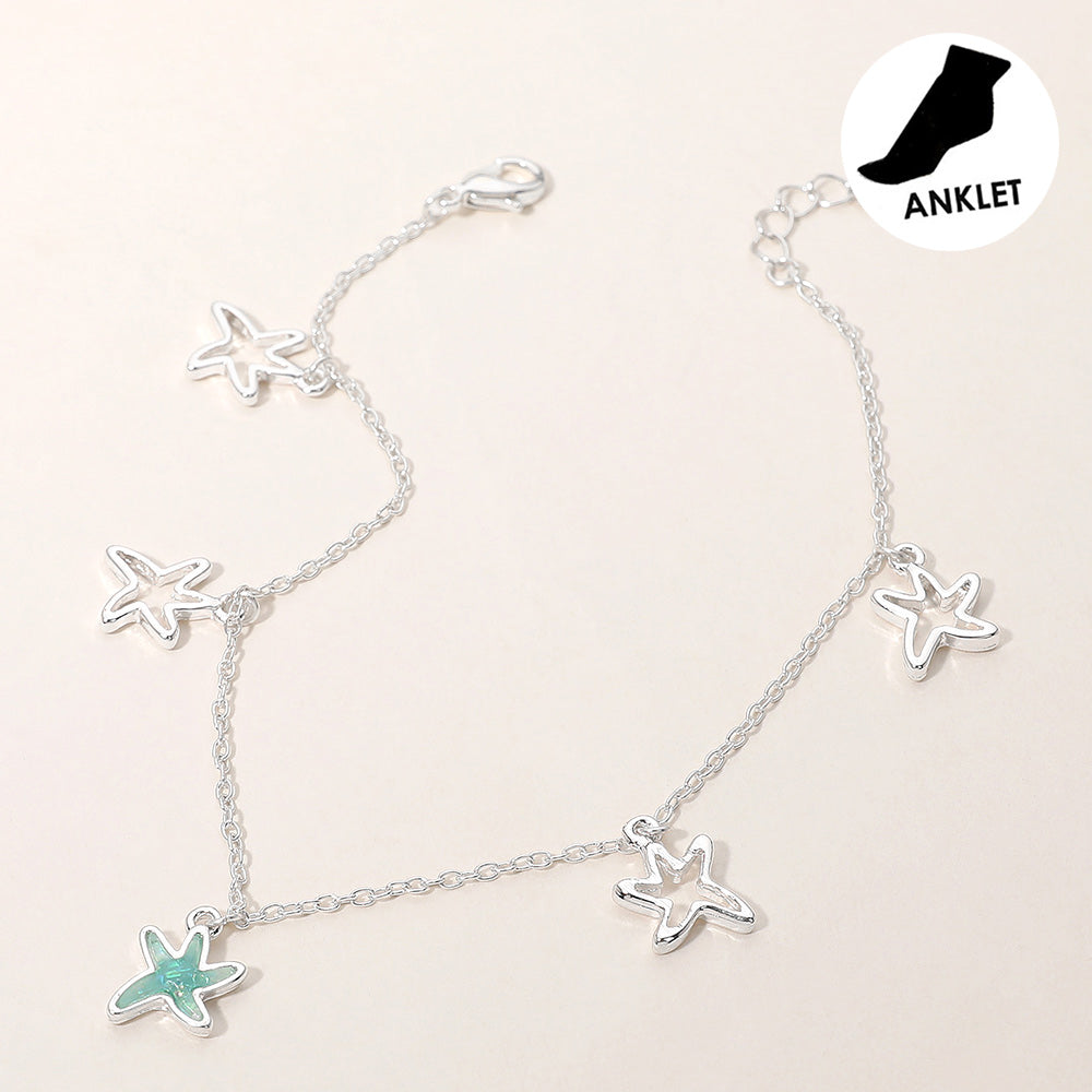 Madeline Love Silver, Turquoise Sea Glass Starfish Open Metal Starfish Charm Station Anklet - Anklets