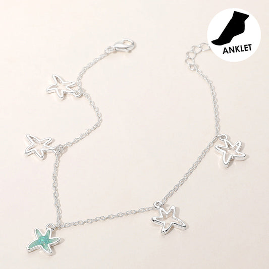 Madeline Love Silver, Turquoise Sea Glass Starfish Open Metal Starfish Charm Station Anklet - Anklets