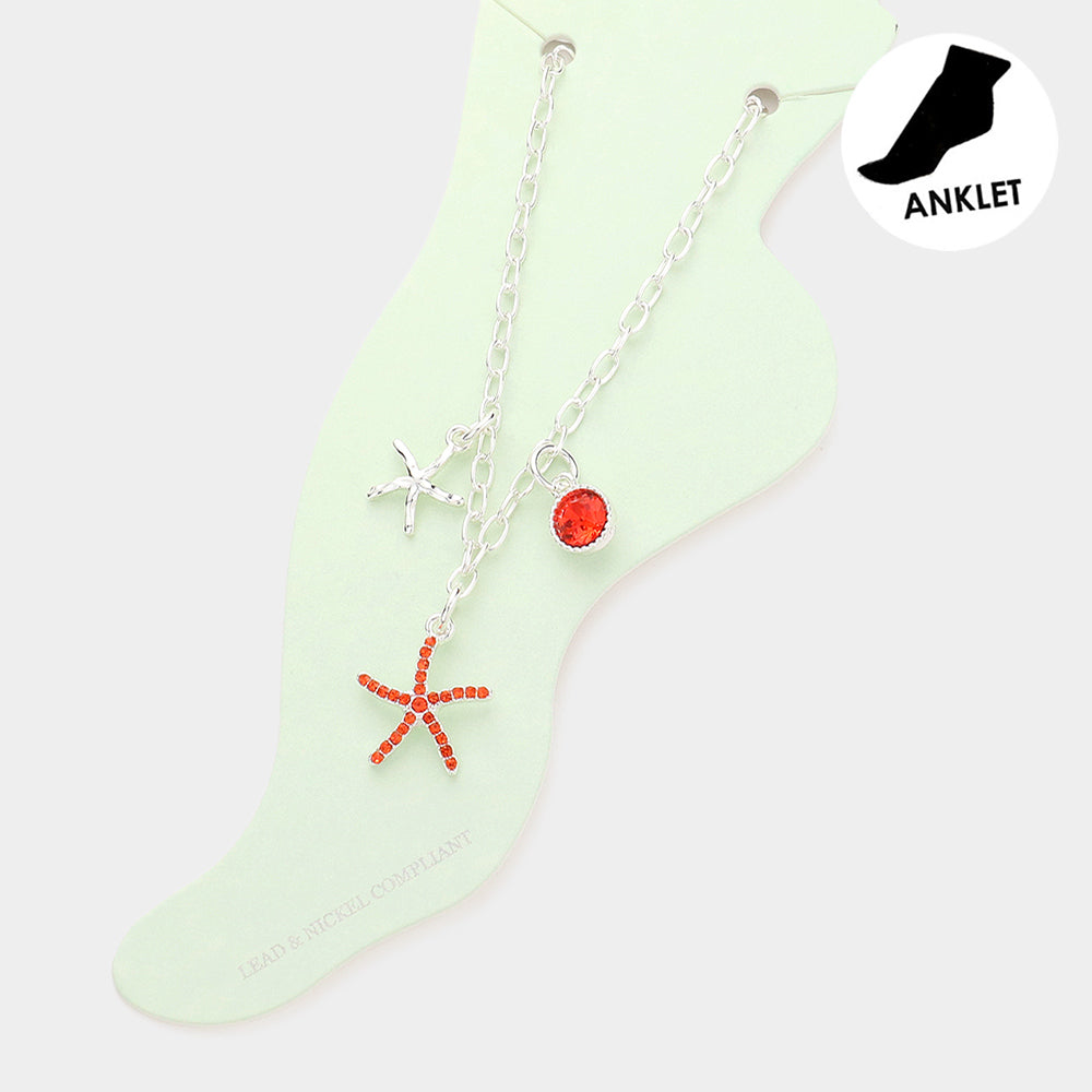 Madeline Love Orange Rhinestone Embellished Starfish Charm Anklet - Anklets