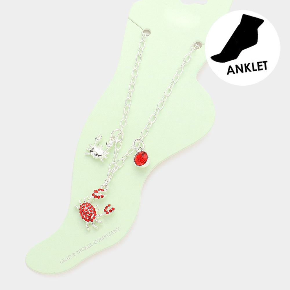 Silver Rhinestone Embellished Crab Charm Anklet
