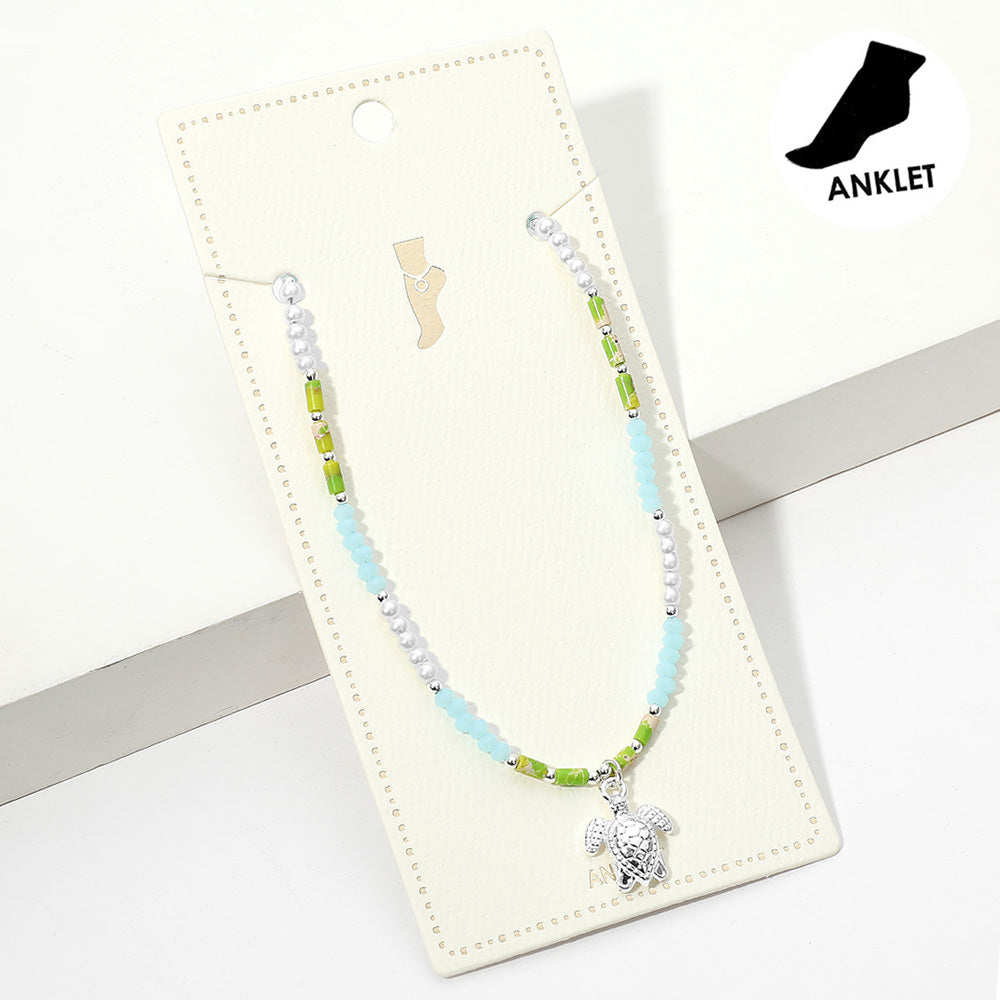 Madeline Love Green, Silver Metal Sea Turtle Charm Pearl Faceted Beaded Anklet - Anklets