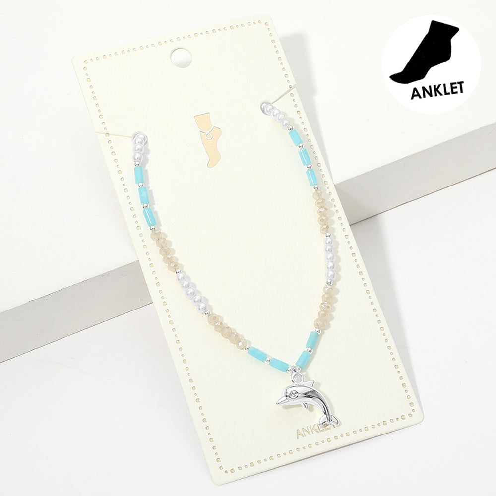 Blue, Silver Metal Dolphin Charm Pearl Faceted Beaded Anklet