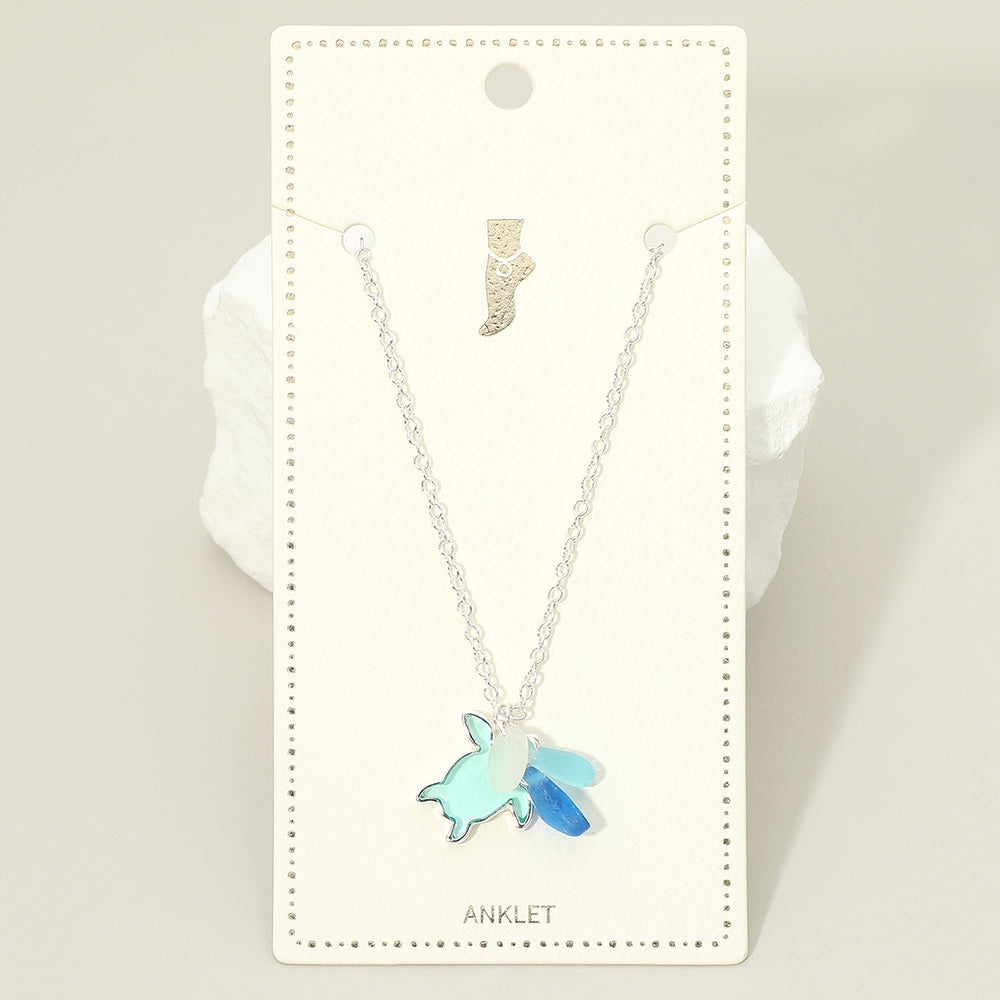 Madeline Love Blue, Silver Sea Glass Sea Turtle Charm Anklet - Anklets
