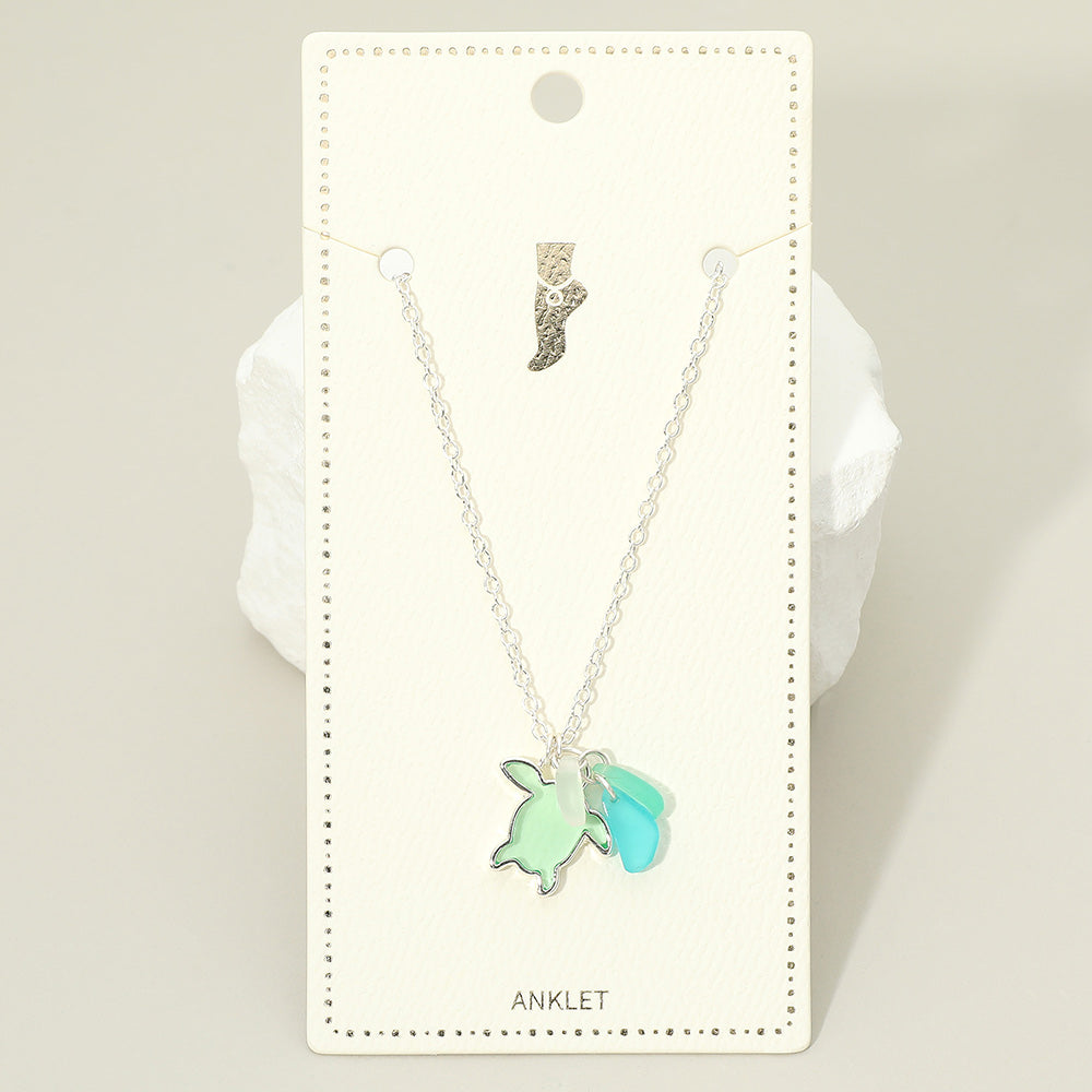 Madeline Love Green, Silver Sea Glass Sea Turtle Charm Anklet - Anklets