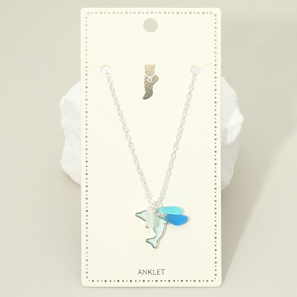 Madeline Love Blue, Silver Sea Glass Dolphin Charm Anklet - Anklets