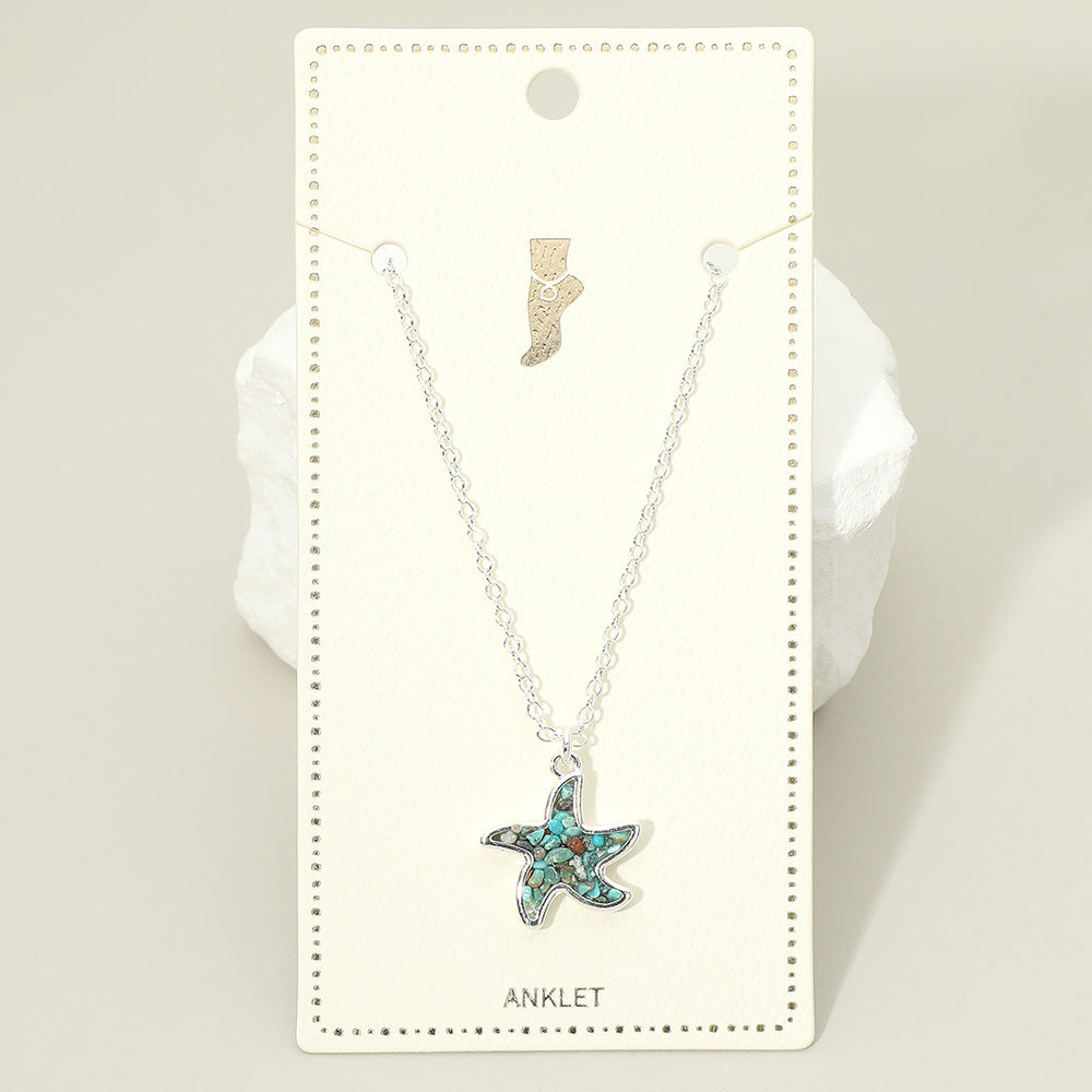 Madeline Love Silver, Turquoise Crushed Pebble Starfish Charm Anklet - Anklets