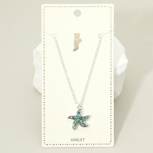 Madeline Love Silver, Turquoise Crushed Pebble Starfish Charm Anklet - Anklets