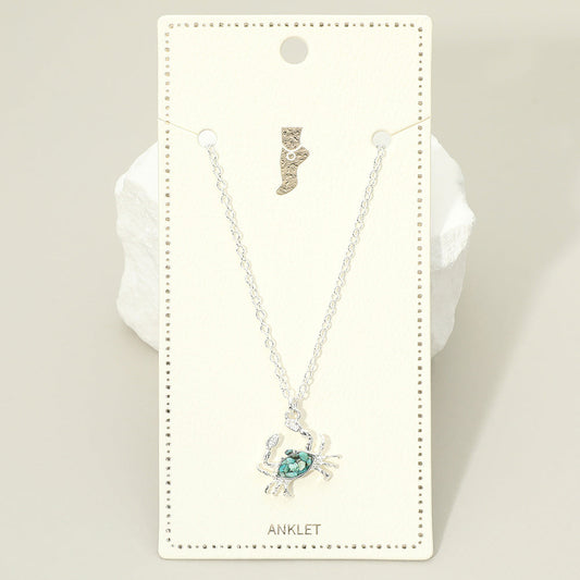Madeline Love Silver, Turquoise Crushed Pebble Crab Charm Anklet - Anklets