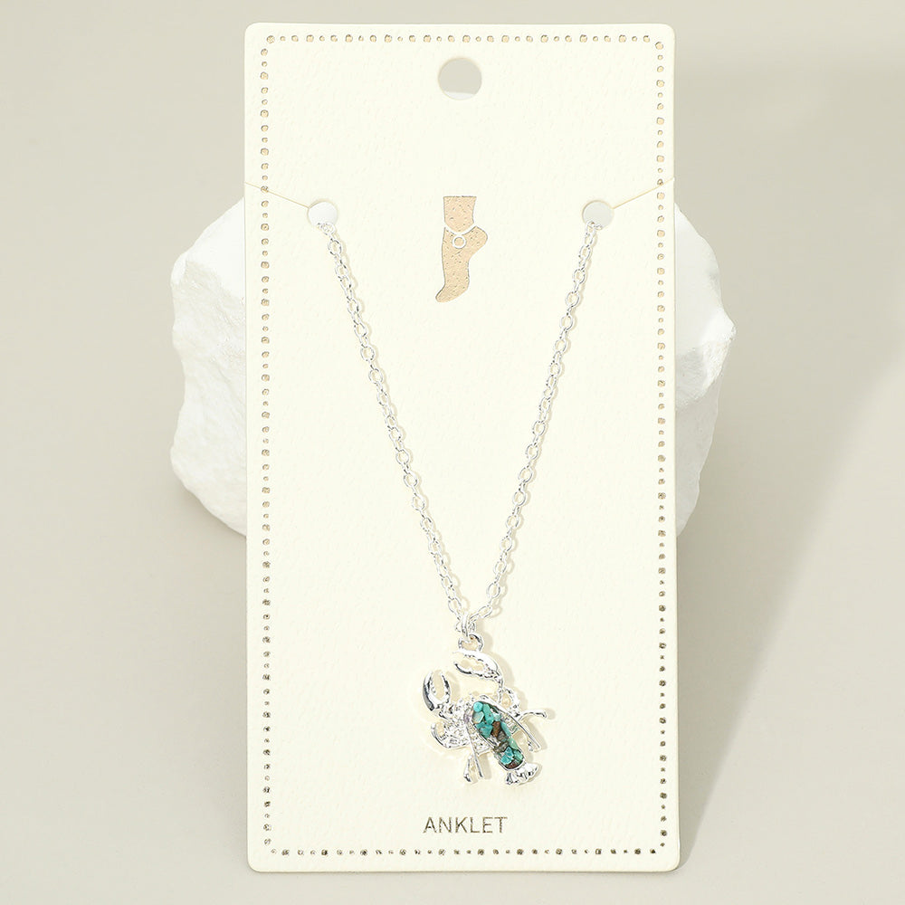 Madeline Love Silver, Turquoise Crushed Pebble Lobster Charm Anklet - Anklets
