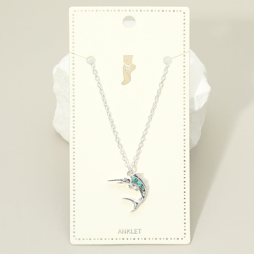 Madeline Love Silver, Turquoise Crushed Pebble Swordfish Charm Anklet - Anklets