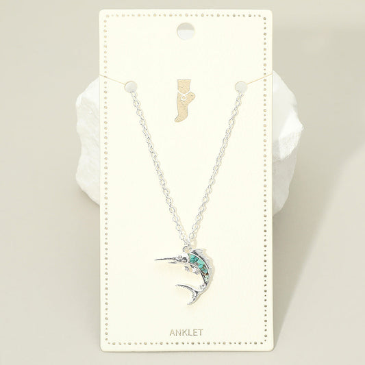 Madeline Love Silver, Turquoise Crushed Pebble Swordfish Charm Anklet - Anklets