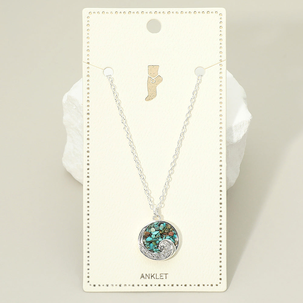 Madeline Love Silver, Turquoise Crushed Pebble Swirl Wave Round Charm Anklet - Anklets