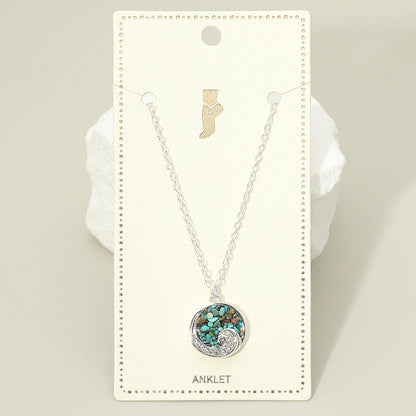 Madeline Love Silver, Turquoise Crushed Pebble Swirl Wave Round Charm Anklet - Anklets