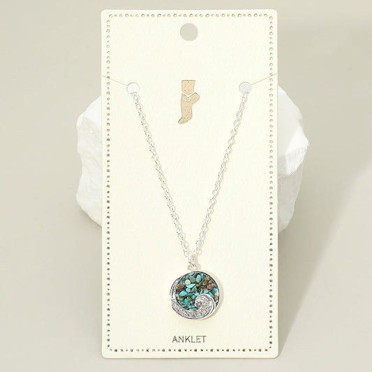 Madeline Love Silver, Turquoise Crushed Pebble Swirl Wave Round Charm Anklet - Anklets