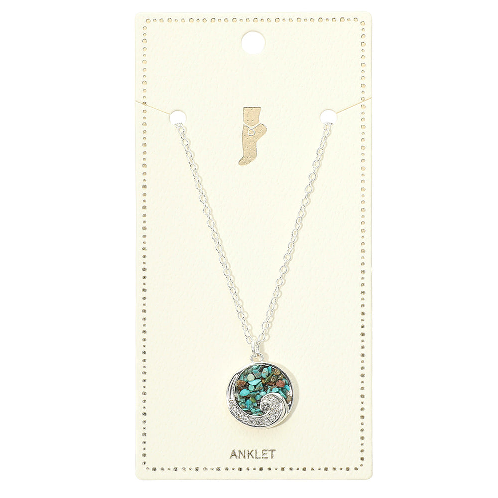 Madeline Love Silver, Turquoise Crushed Pebble Swirl Wave Round Charm Anklet - Anklets - desc