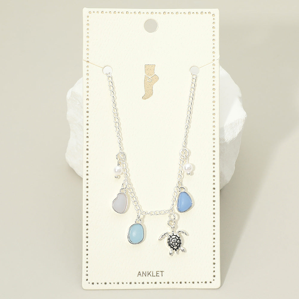 Madeline Love Antique Silver, Blue Sea Turtle Sea Glass Pearl Charm Station Anklet - Anklets