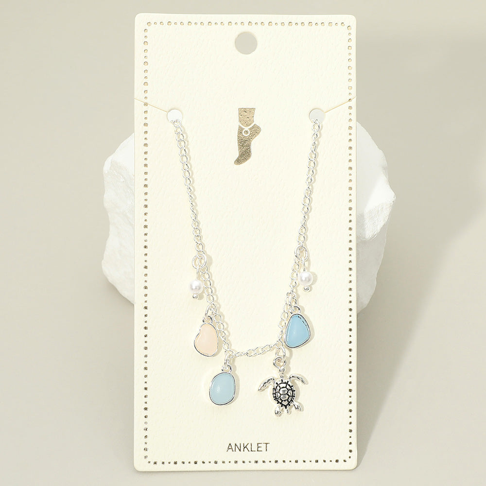 Madeline Love Multi Sea Turtle Sea Glass Pearl Charm Station Anklet - Anklets