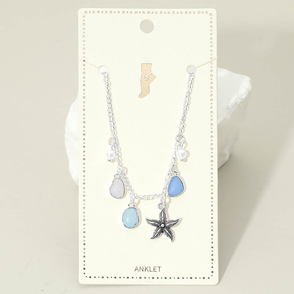Madeline Love Antique Silver, Blue Starfish Sea Glass Pearl Charm Station Anklet - Anklets