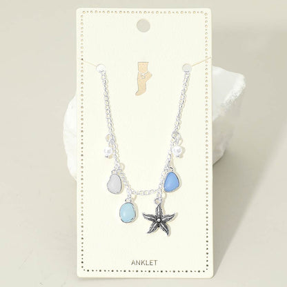 Madeline Love Antique Silver, Blue Starfish Sea Glass Pearl Charm Station Anklet - Anklets