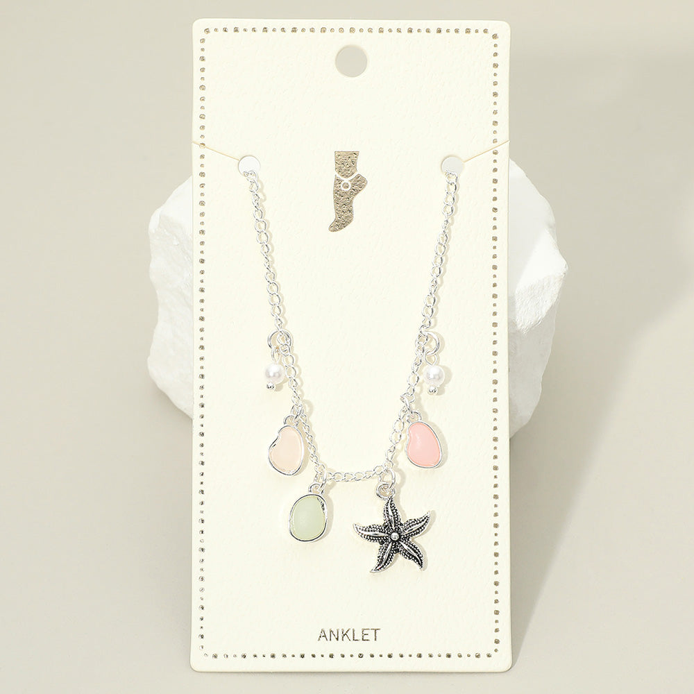 Madeline Love Multi, Silver Starfish Sea Glass Pearl Charm Station Anklet - Anklets