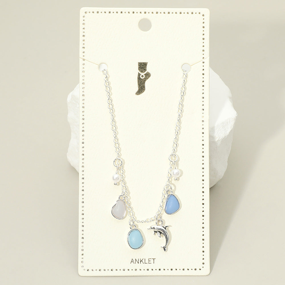 Madeline Love Antique Silver, Blue Dolphin Sea Glass Pearl Charm Station Anklet - Jewelry