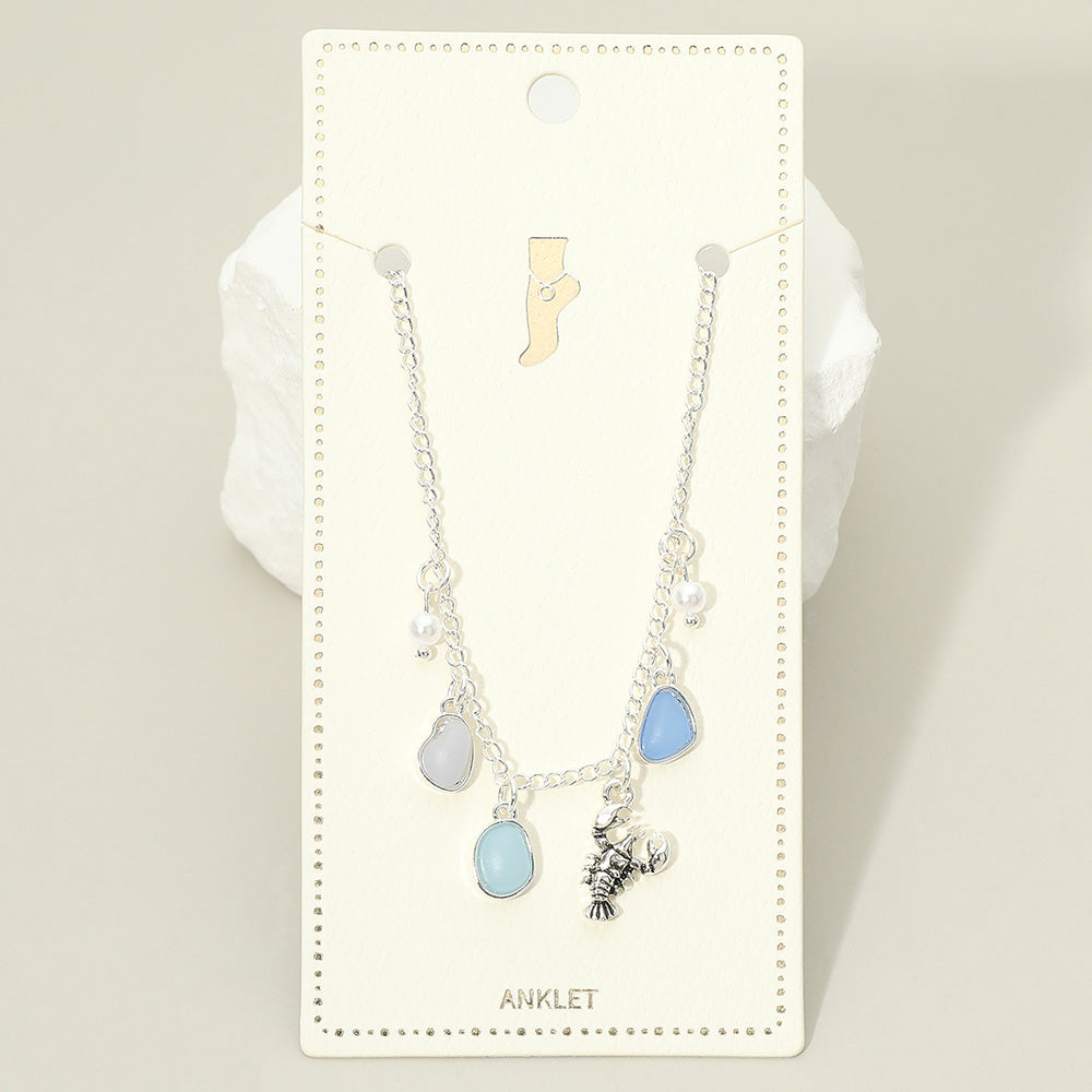Madeline Love Antique Silver, Blue Lobster Sea Glass Pearl Charm Station Anklet - Jewelry