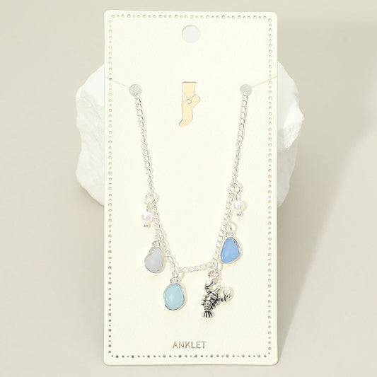 Madeline Love Antique Silver, Blue Lobster Sea Glass Pearl Charm Station Anklet - Jewelry