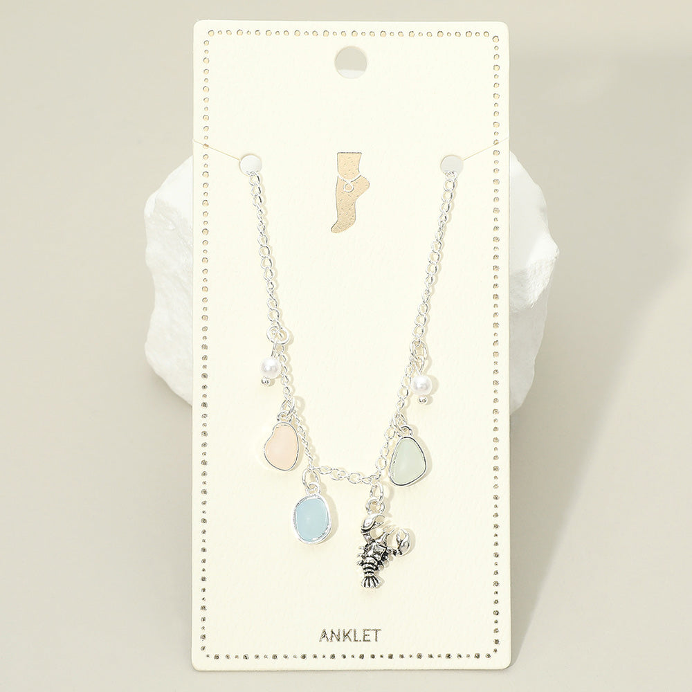 Madeline Love Antique Silver, Mint Lobster Sea Glass Pearl Charm Station Anklet - Jewelry