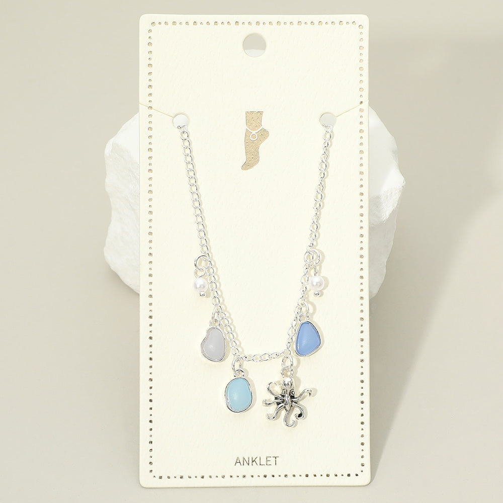 Madeline Love Antique Silver, Blue Octopus Sea Glass Pearl Charm Station Anklet - Anklets