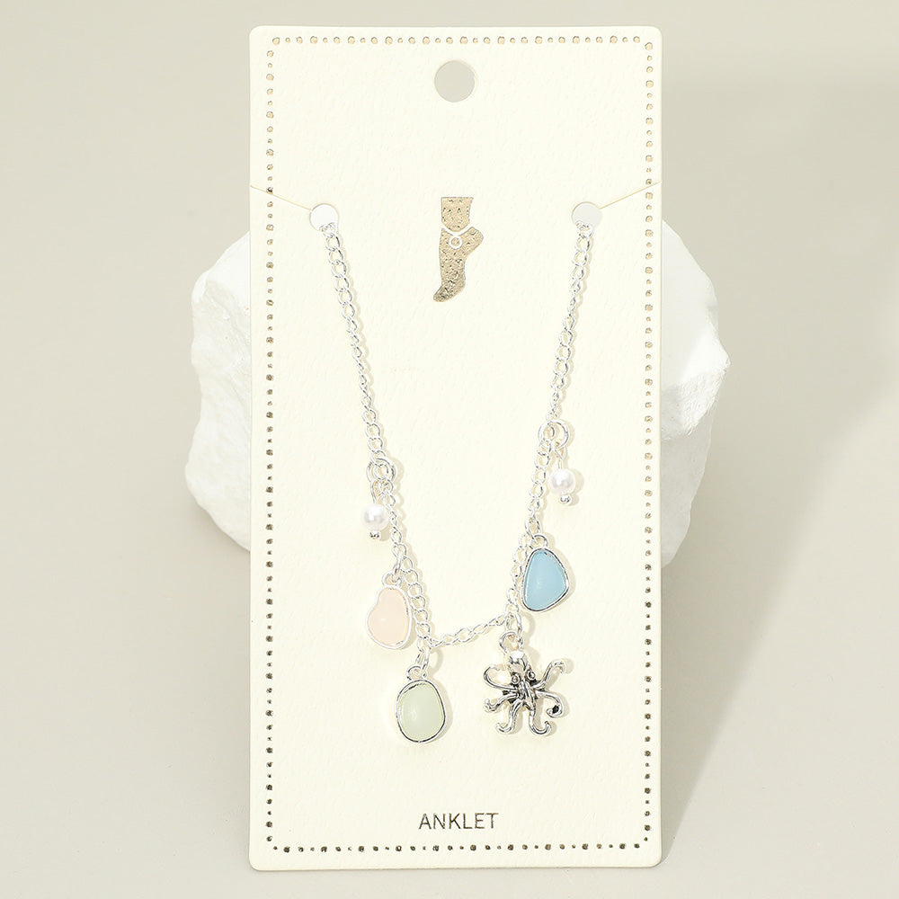 Madeline Love Antique Silver, Mint Octopus Sea Glass Pearl Charm Station Anklet - Anklets