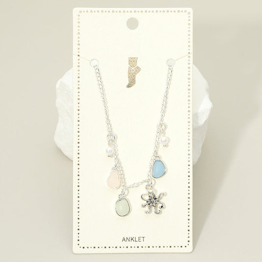 Madeline Love Antique Silver, Mint Octopus Sea Glass Pearl Charm Station Anklet - Anklets