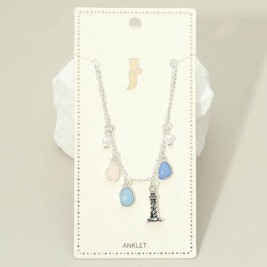 Madeline Love Antique Silver, Blue Lighthouse Sea Glass Pearl Charm Station Anklet - Anklets