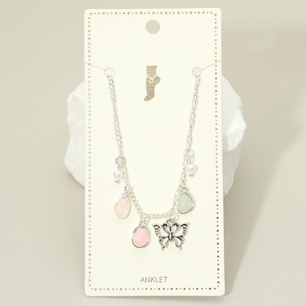 Madeline Love Antique Silver, Multi Butterfly Sea Glass Pearl Charm Station Anklet - Anklets