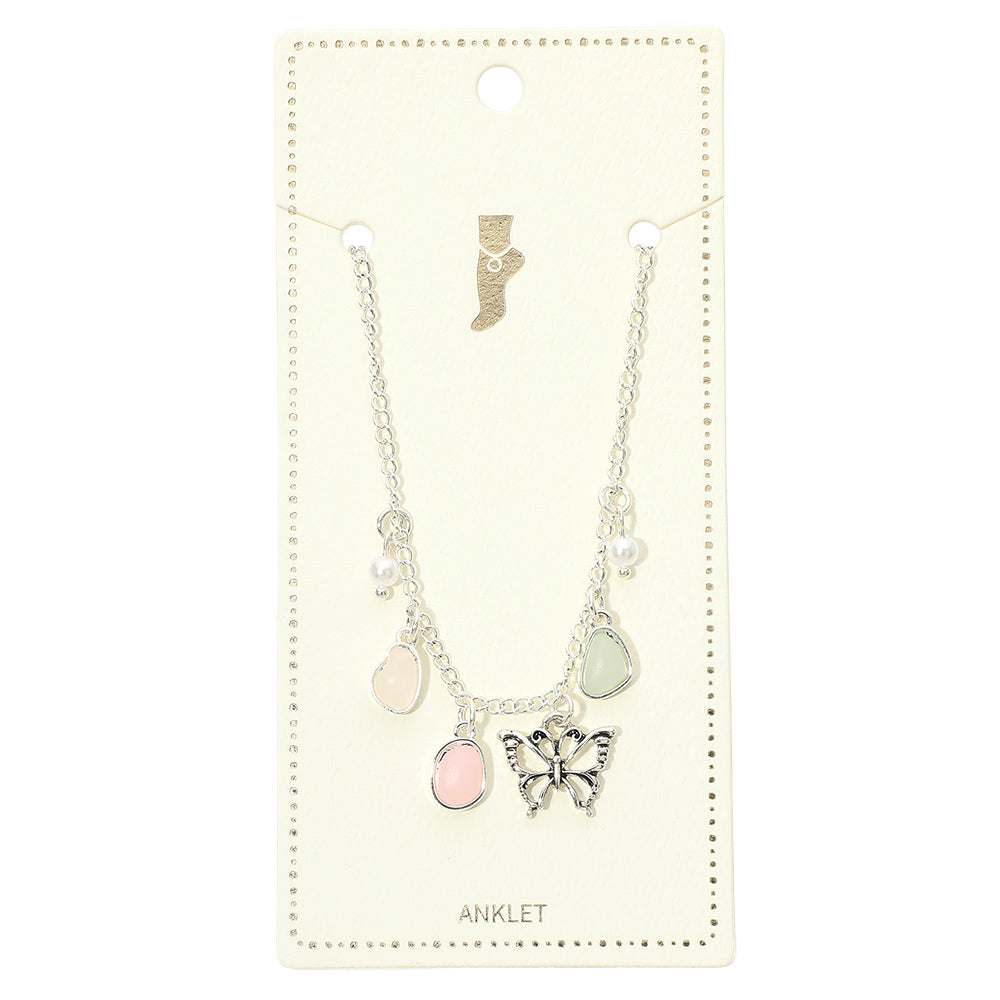Madeline Love Antique Silver, Multi Butterfly Sea Glass Pearl Charm Station Anklet - Anklets - desc