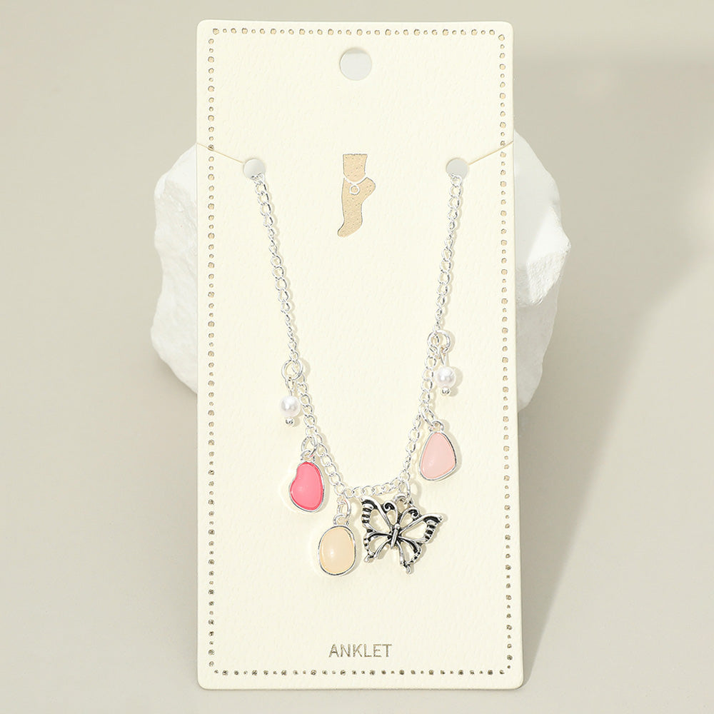 Madeline Love Antique Silver, Pink Butterfly Sea Glass Pearl Charm Station Anklet - Anklets